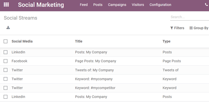 Vue de la page des comptes sociaux dans l'application openucat Social Marketing.